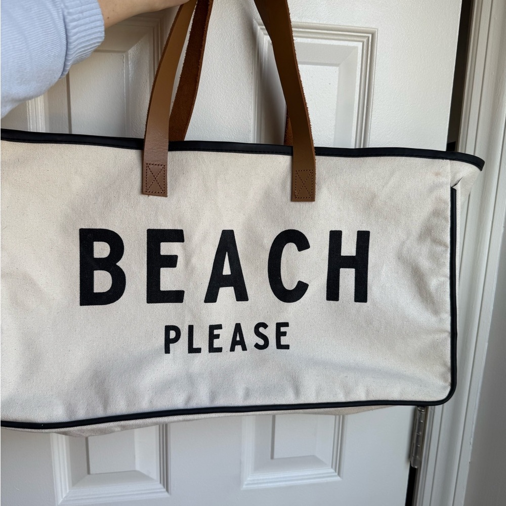 Canvas Beach Tote with Brown Handles